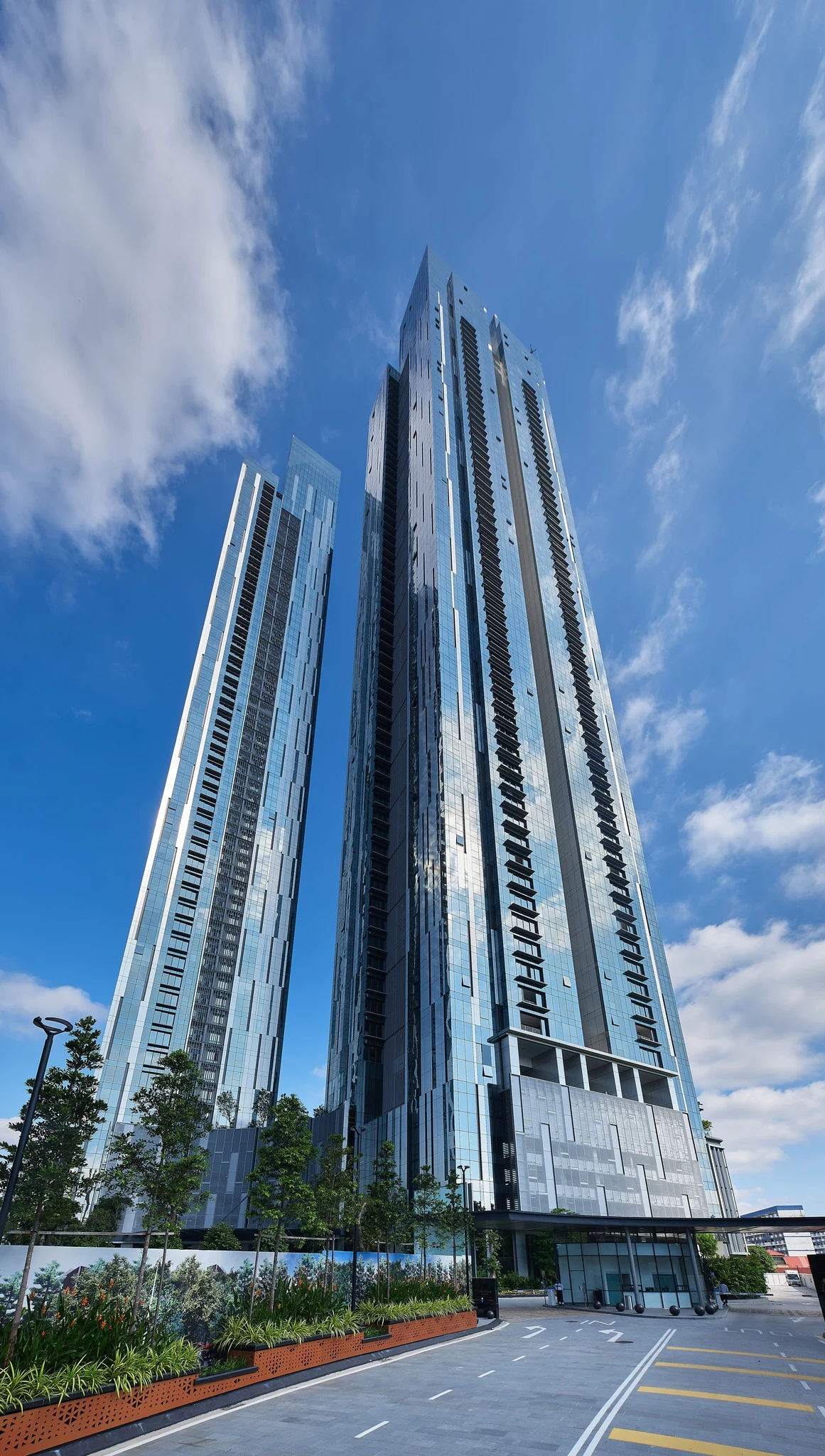 The Astaka towers photographed from street level